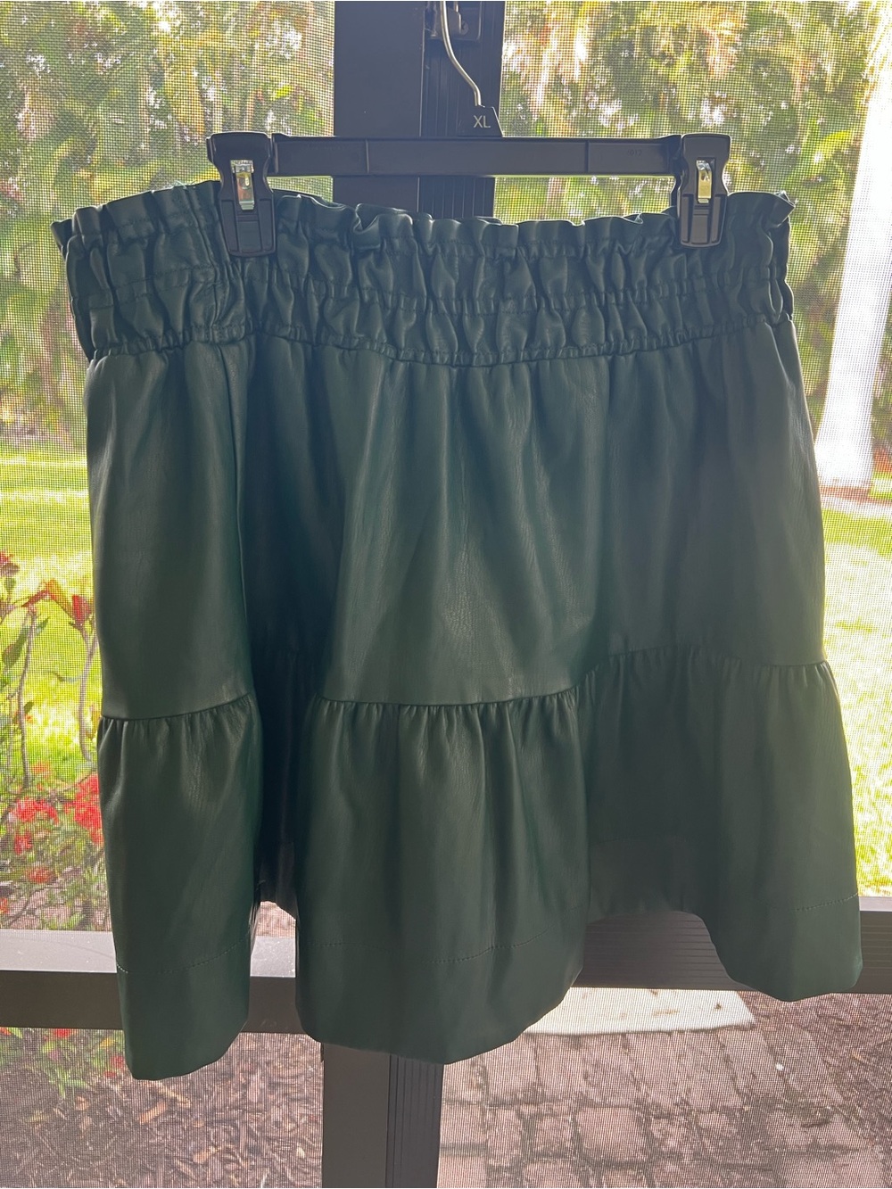 Anthropologie Dark Green Tiered Faux Leather Mini Skirt size L